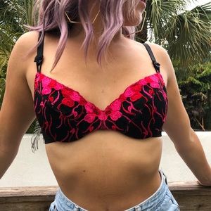Black, Red & Pink Embroidered Floral Lace Bra